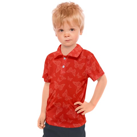 Vermilion Red Butterfly Print Kids  Polo Tee by SpinnyChairDesigns