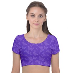 Violet Purple Butterfly Print Velvet Short Sleeve Crop Top  by SpinnyChairDesigns