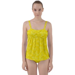 Lemon Yellow Butterfly Print Twist Front Tankini Set by SpinnyChairDesigns