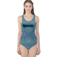 Teal Spirals And Swirls One Piece Swimsuit by SpinnyChairDesigns