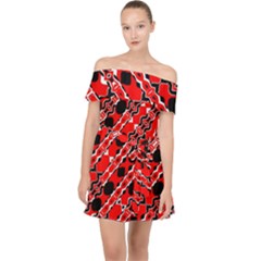 Abstract Red Black Checkered Off Shoulder Chiffon Dress by SpinnyChairDesigns