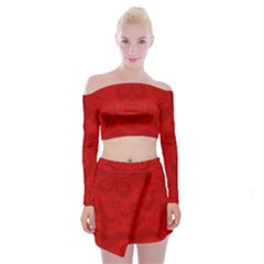 Red Spirals Off Shoulder Top With Mini Skirt Set by SpinnyChairDesigns