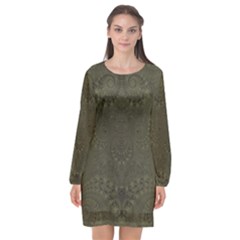 Rustic Green Brown Swirls Long Sleeve Chiffon Shift Dress  by SpinnyChairDesigns