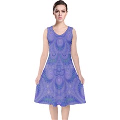 Mystic Purple Swirls V-neck Midi Sleeveless Dress  by SpinnyChairDesigns