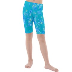 Aqua Blue Floral Print Kids  Mid Length Swim Shorts by SpinnyChairDesigns