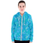 Aqua Blue Floral Print Women s Zipper Hoodie