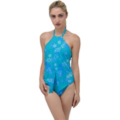 Aqua Blue Floral Print Go With The Flow One Piece Swimsuit by SpinnyChairDesigns