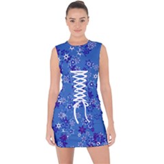 Cornflower Blue Floral Print Lace Up Front Bodycon Dress by SpinnyChairDesigns