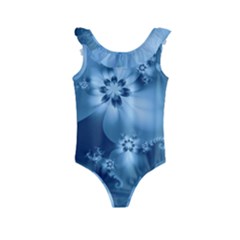 Steel Blue Flowers Kids  Frill Swimsuit by SpinnyChairDesigns