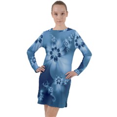 Steel Blue Flowers Long Sleeve Hoodie Dress by SpinnyChairDesigns