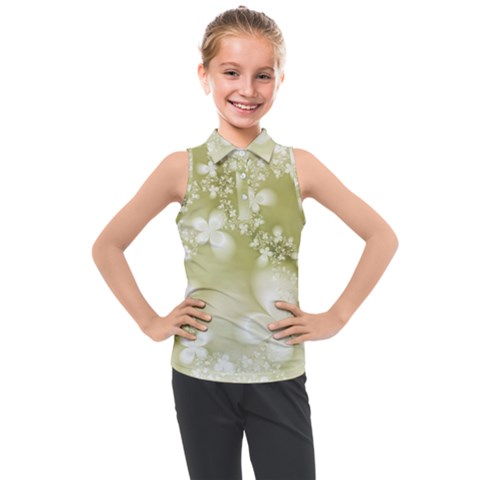 Olive Green With White Flowers Kids  Sleeveless Polo Tee by SpinnyChairDesigns