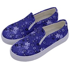 Slate Blue With White Flowers Kids  Canvas Slip Ons by SpinnyChairDesigns