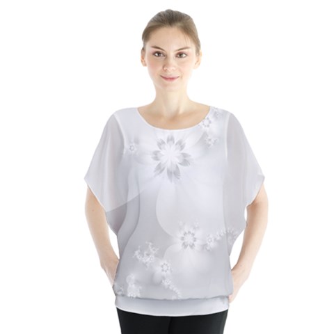 Wedding White Floral Print Batwing Chiffon Blouse by SpinnyChairDesigns