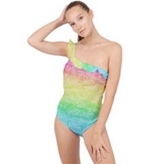 Rainbow Ombre Texture Frilly One Shoulder Swimsuit by SpinnyChairDesigns