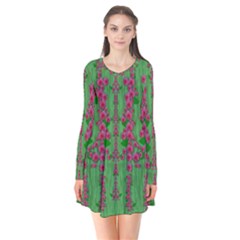 Lianas Of Sakura Branches In Contemplative Freedom Long Sleeve V-neck Flare Dress by pepitasart