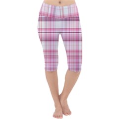 Pink Madras Plaid Lightweight Velour Cropped Yoga Leggings by SpinnyChairDesigns