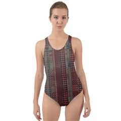 Rust Brown Grunge Plaid Cut-out Back One Piece Swimsuit by SpinnyChairDesigns