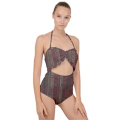 Rust Brown Grunge Plaid Scallop Top Cut Out Swimsuit by SpinnyChairDesigns