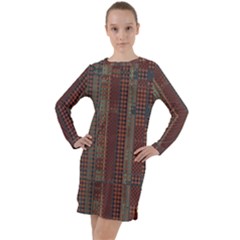 Rust Brown Grunge Plaid Long Sleeve Hoodie Dress by SpinnyChairDesigns