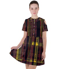 Red Yellow Black Punk Plaid Short Sleeve Shoulder Cut Out Dress  by SpinnyChairDesigns