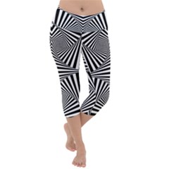 Black And White Stripes Lightweight Velour Capri Yoga Leggings by SpinnyChairDesigns