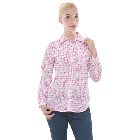 Pink And White Checkered Women s Long Sleeve Pocket Shirt by SpinnyChairDesigns