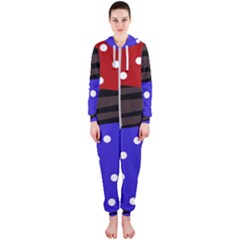 Mixed Polka Dots And Lines Pattern, Blue, Red, Brown Hooded Jumpsuit (ladies)  by Casemiro