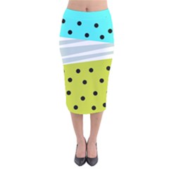 Mixed Polka Dots And Lines Pattern, Blue, Yellow, Silver, White Colors Velvet Midi Pencil Skirt by Casemiro