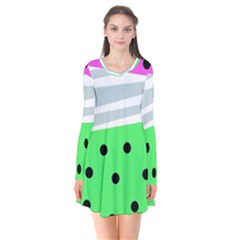 Dots And Lines, Mixed Shapes Pattern, Colorful Abstract Design Long Sleeve V-neck Flare Dress by Casemiro