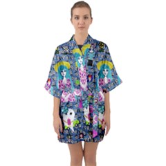 Blue Denim And Drawings Daisies Half Sleeve Satin Kimono 