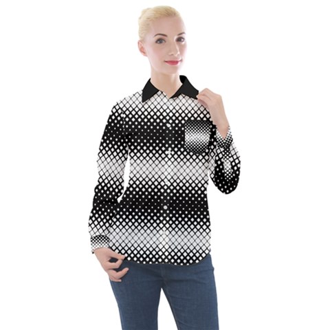 Geometrical Blocks, Rhombus Black And White Pattern Women s Long Sleeve Pocket Shirt by Casemiro