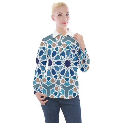 Arabic Geometric Design Pattern  Women s Long Sleeve Pocket Shirt by LoolyElzayat