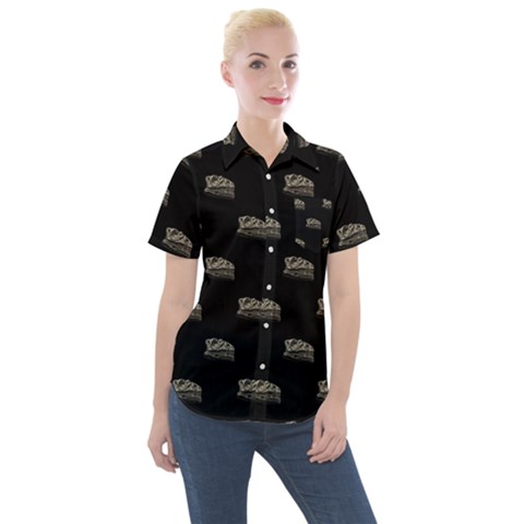 Dinosaur Skeleton Head Motif Pattern Women s Short Sleeve Pocket Shirt by dflcprintsclothing