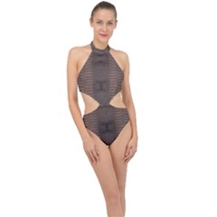 Brown Alligator Leather Skin Halter Side Cut Swimsuit