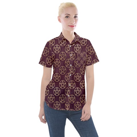 Golden Pentagram Women s Short Sleeve Pocket Shirt by Angelandspot