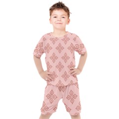 Pattern Floral Design Peach Kids  Tee And Shorts Set