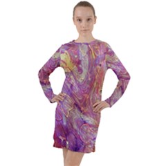 Marbling Abstract Layers Long Sleeve Hoodie Dress by kaleidomarblingart