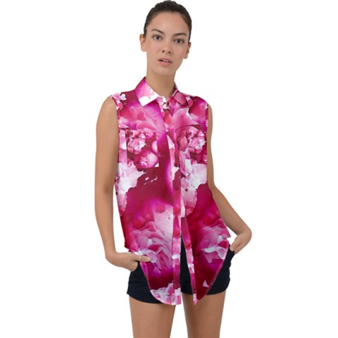 Peonie On Marbling Patterns Sleeveless Chiffon Button Shirt by kaleidomarblingart