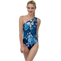 Blue Floral Print  To One Side Swimsuit by designsbymallika