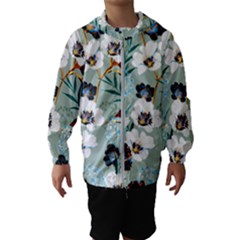 Black White Floral Print Kids  Hooded Windbreaker by designsbymallika