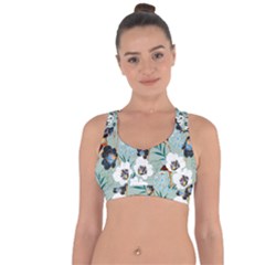 Black White Floral Print Cross String Back Sports Bra by designsbymallika