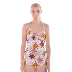 Autumn Leaves Pattern  Boyleg Halter Swimsuit  by designsbymallika