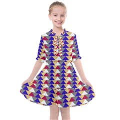 Colorful Triangles Pattern, Retro Style Theme, Geometrical Tiles, Blocks Kids  All Frills Chiffon Dress by Casemiro