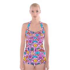 Colourful Funny Pattern Boyleg Halter Swimsuit  by designsbymallika