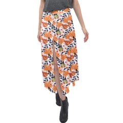 Black Orange Autumn Leaves Pattern Velour Split Maxi Skirt by designsbymallika