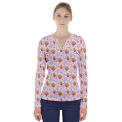 Orange Pink Tree Pattern V-neck Long Sleeve Top by designsbymallika