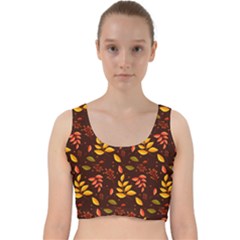 Yellow Green Orange Leaf Pattern Velvet Racer Back Crop Top by designsbymallika