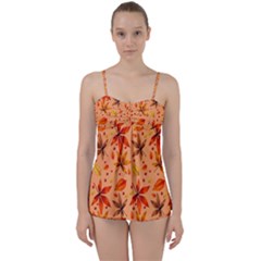 Orange Brown Leaves Babydoll Tankini Set by designsbymallika