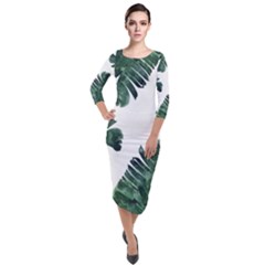 Green Banana Leaves Quarter Sleeve Midi Velour Bodycon Dress by goljakoff