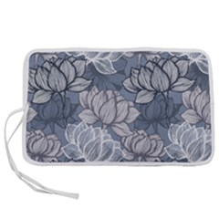 Art Deco Blue And Grey Lotus Flower Leaves Floral Japanese Hand Drawn Lily Pen Storage Case (l)